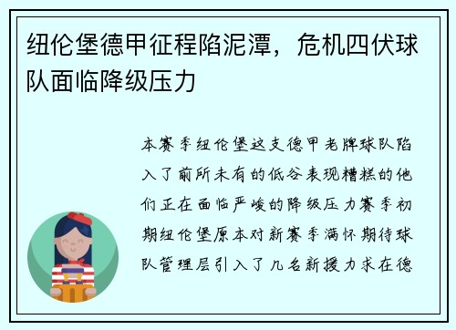 纽伦堡德甲征程陷泥潭，危机四伏球队面临降级压力